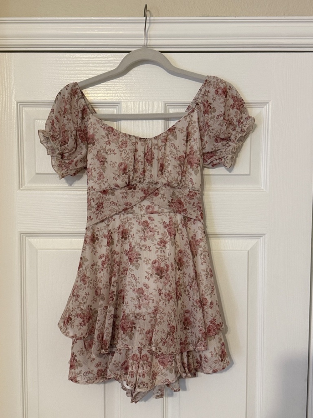 Altar'd State Cream Floral Puff Sleeve Mini Dress with Dusty Rose Print